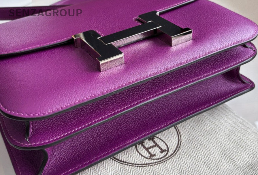 Bolsa de ombro Hermes Constance Evercolor 2 vias tiracolo roxa prata feminina-