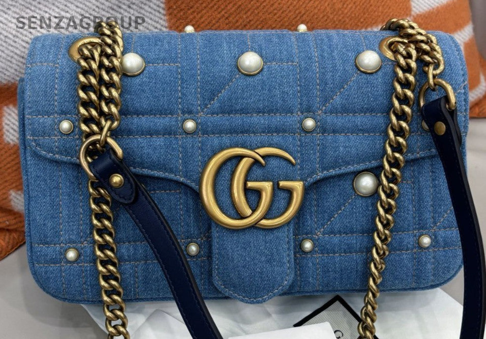 Gucci Marmont Pearl Chain Shoulder Bag Blue Gold Women Classic Designer