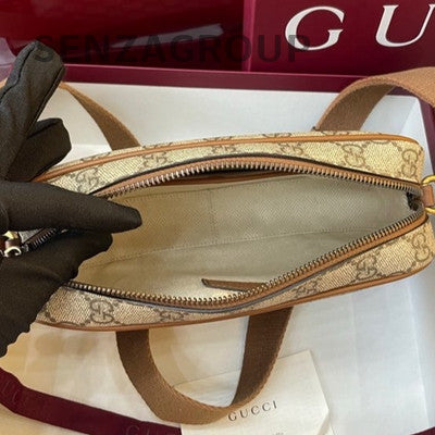 Gucci GG Emblem Canvas Shoulder Crossbody Bag Beige Gold Hardware