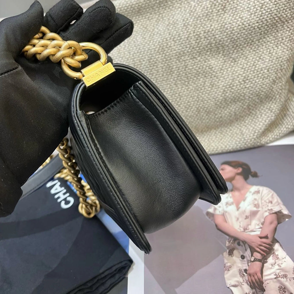 Chanel Leboy PM Calfskin Chain Shoulder Crossbody Black Gold Women Classic