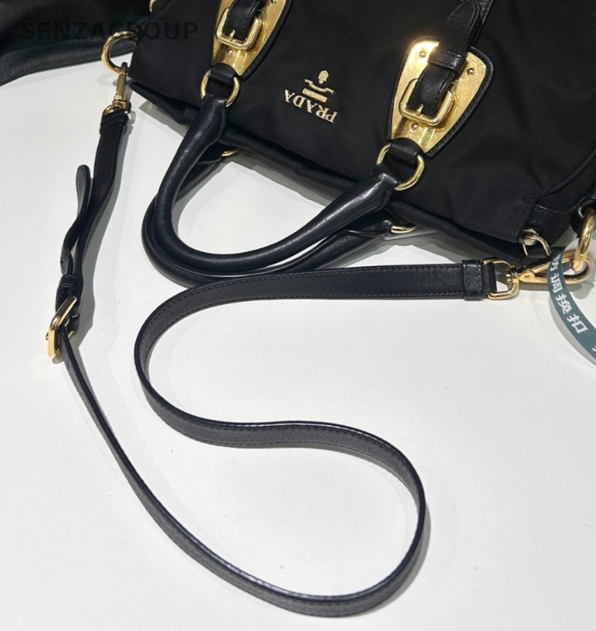 Prada Nylon 2Way Top Handle Bag Crossbody Black Gold Women Classic