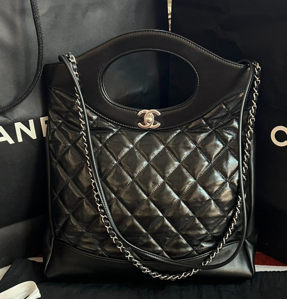 Chanel 31Bag PM Top Handle Chain Shoulder Crossbody Black Silver Diamond Women