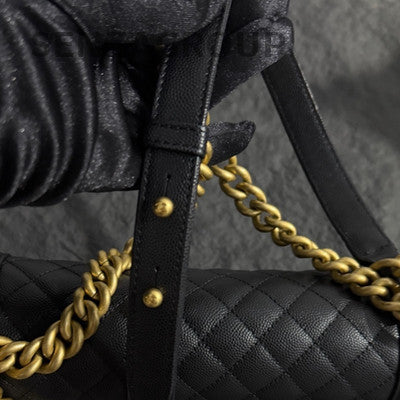 Chanel Le Boy Medium Black Gold Caviar Quilted Chain Shoulder Bag