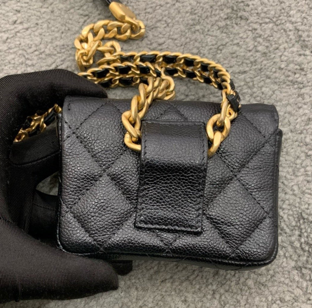 Chanel Calfskin Mini Chain Shoulder Bag Crossbody Black Gold Women Classic