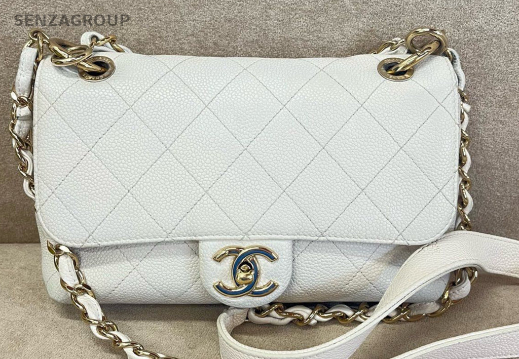 Chanel Classic Flap Chain Shoulder Bag Crossbody White Gold Women Designer