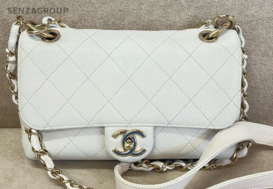 Chanel Classic Flap Chain Shoulder Bag Crossbody White Gold Women Designer