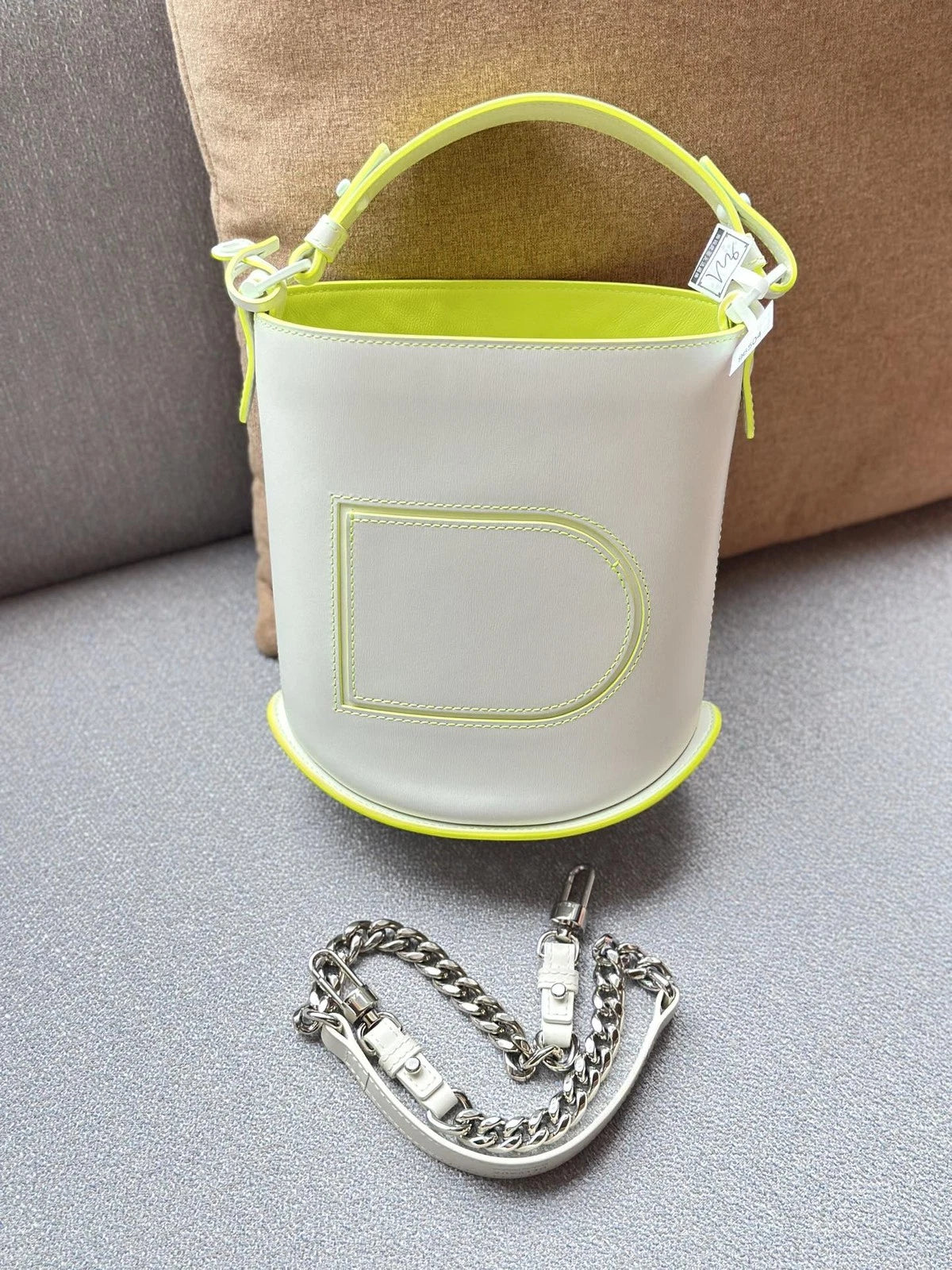 Delvaux Pin Bucket Mini Top Handle Shoulder Bag White Green Silver Women S