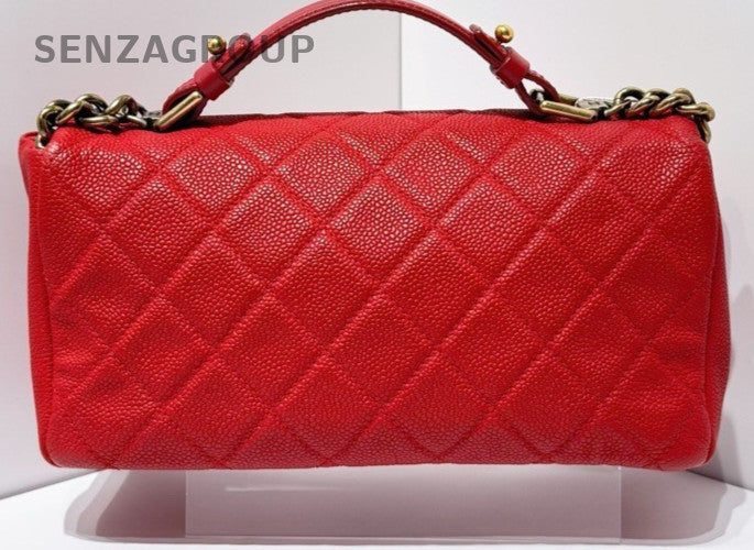 Chanel Classic Flap Calfskin Top Handle Shoulder Bag Red Gold Women Vintage