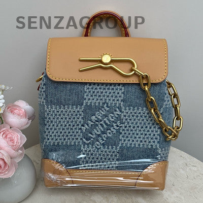 Louis Vuitton Denim Checkerboard Backpack Blue Gold Buckle Classic Fashion Women