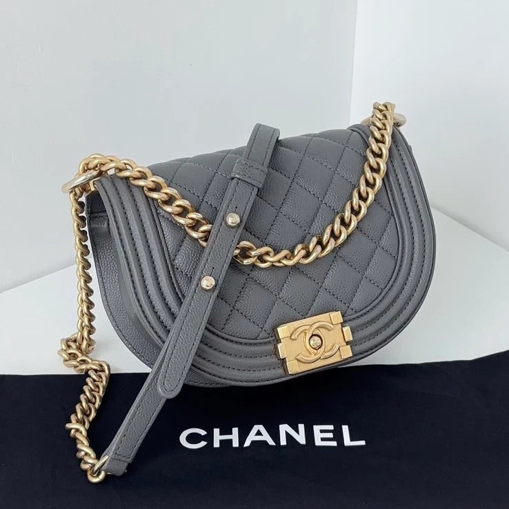Chip Version Chanel Leboy Calfskin Gray Saddle Gold Chain Shoulder Crossbody