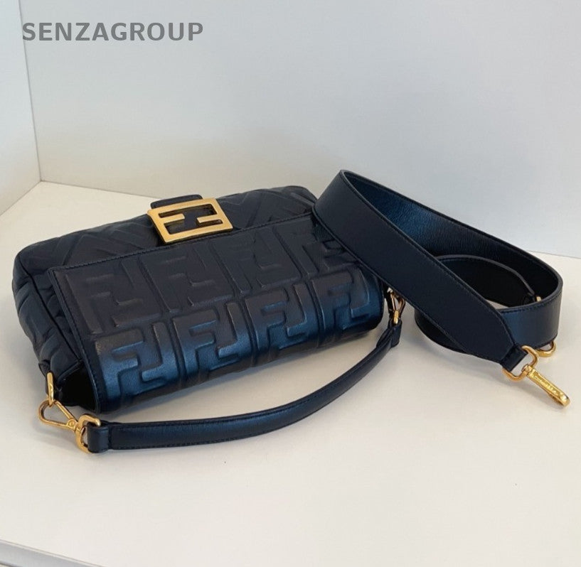 FENDI Baguette MM Monogram 2WAY Shoulder Handbag Black Gold Women