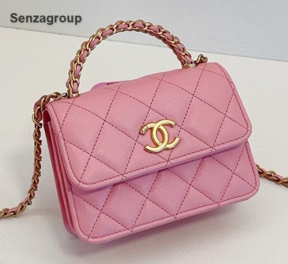 Chanel Kelly Mini Chain Top Handle Crossbody Pink Gold Diamond Women Classic