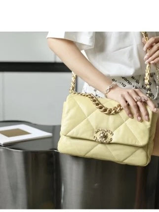 Authentic CHANEL 19Bag Yellow Lambskin Shoulder Bag Women