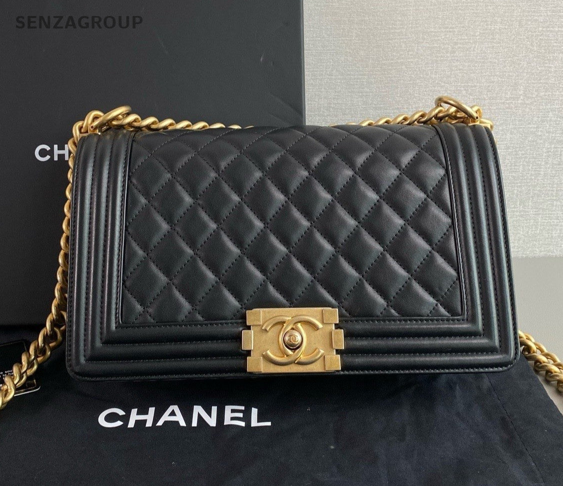 Chanel Leboy MM Calfskin Chain Shoulder Bag Crossbody Black Gold Women Classic