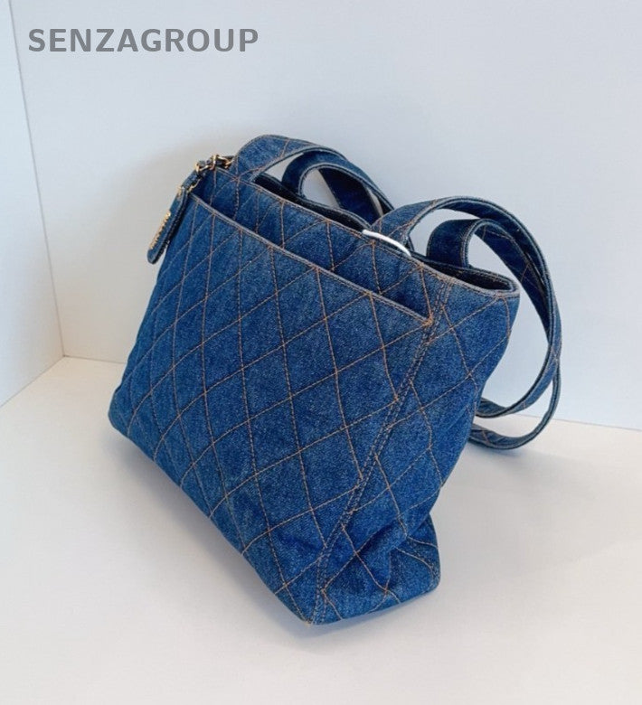 CHANEL Vintage Tote Denim Diamond Pattern Shoulder bag Blue Limited Edition