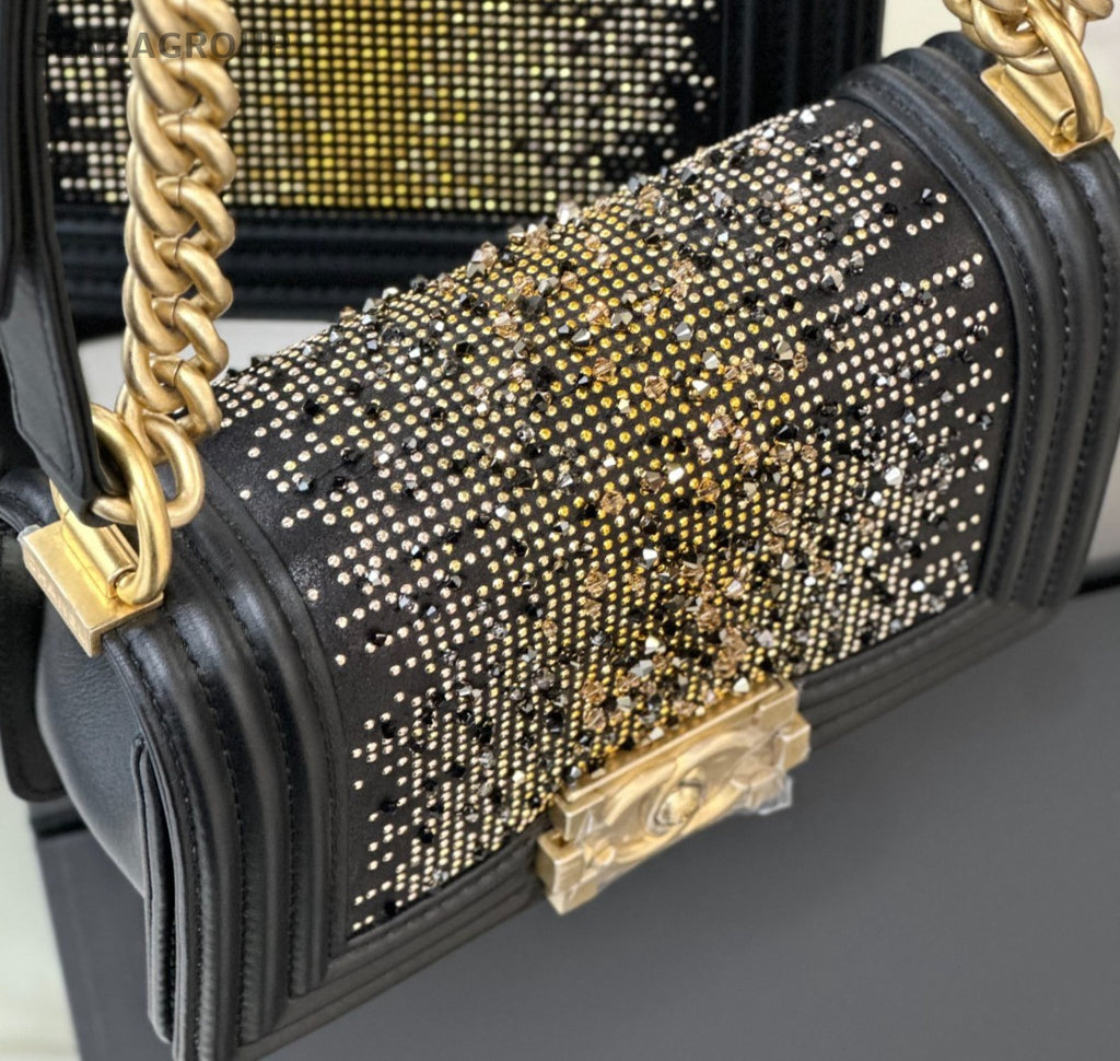 Chanel Leboy PM Rhinestone Chain Calfskin Black Gold Women Classic Designer