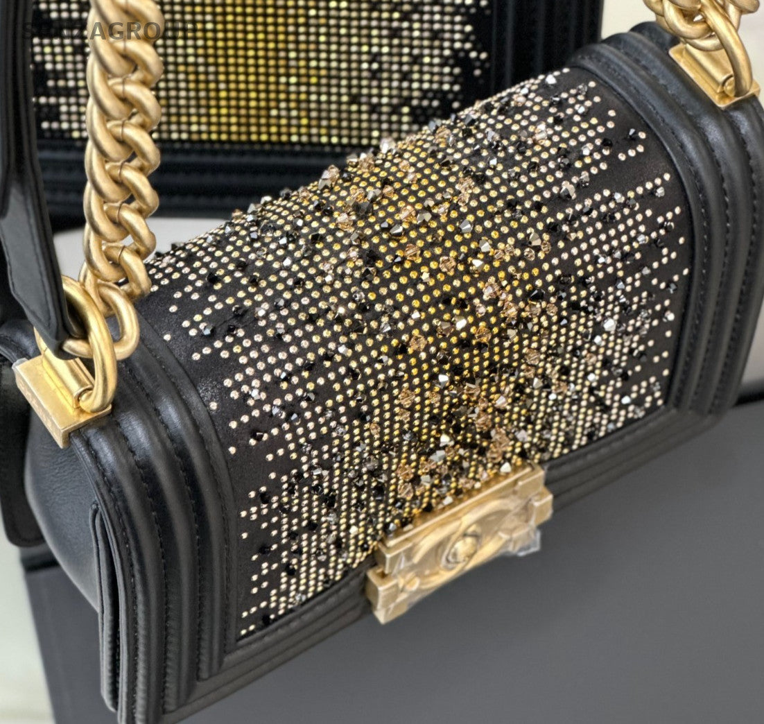 Chanel Leboy PM Rhinestone Chain Calfskin Black Gold Women Classic Designer