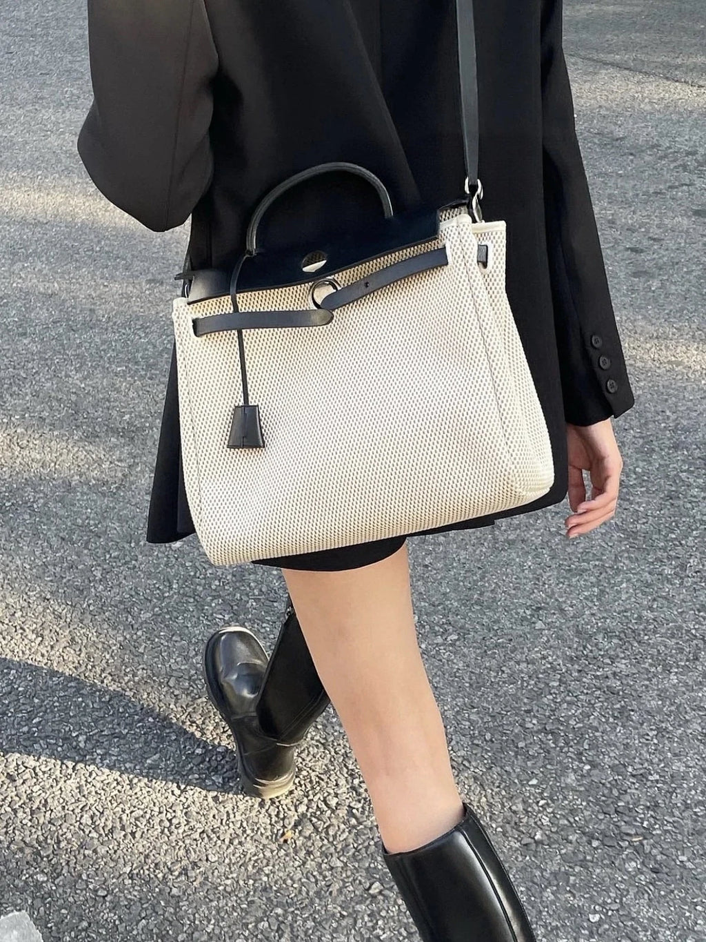 Hermes Herbag 31 Canvas Top Handle Shoulder Crossbody Bag White Black Women