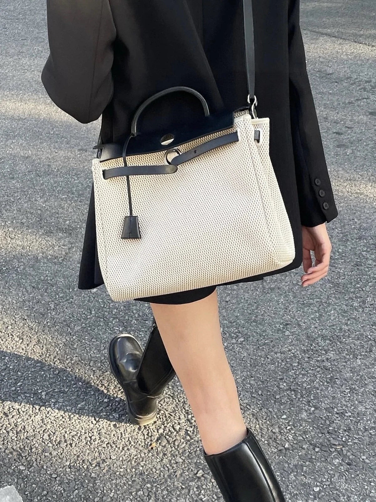 Hermes Herbag 31 Canvas Top Handle Shoulder Crossbody Bag White Black Women