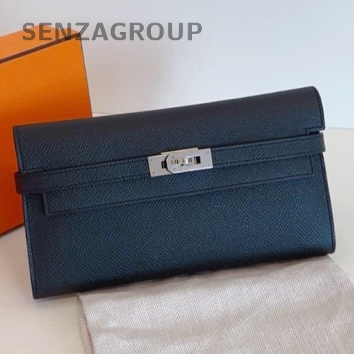 Hermes Kelly Long Wallet Epsom Leather Clutch Black Silver Women Classic Fashion