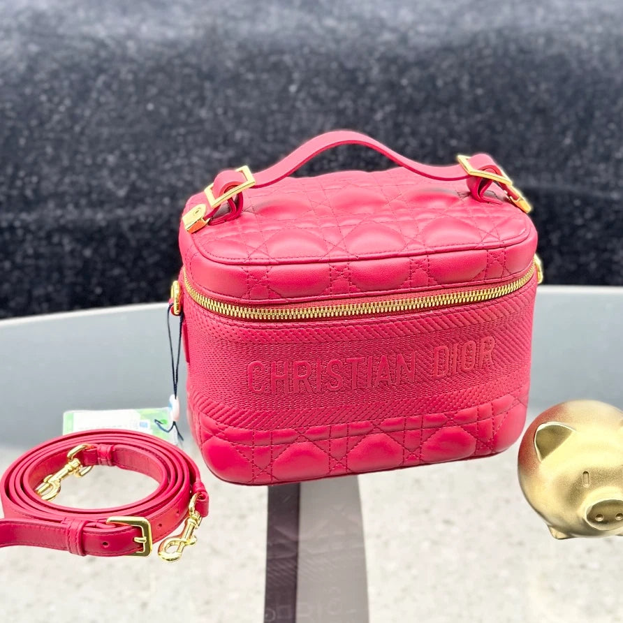 Christian Dior Travel Bag Calfskin Vanity Case Top Handle Bag Red Gold Women S
