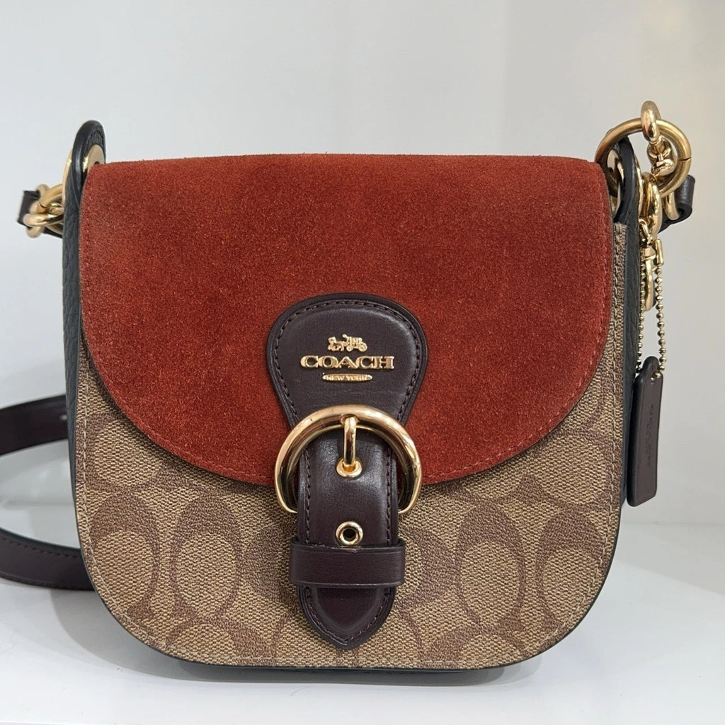 Coach Brown Suede Monogram Shoulder Crossbody Handbag For Women