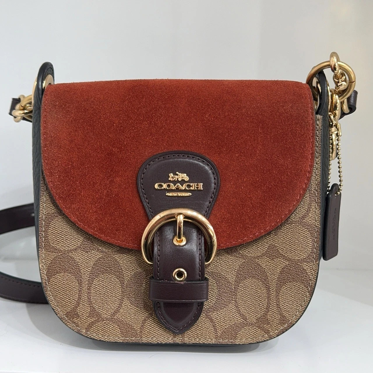 Coach Brown Suede Monogram Shoulder Crossbody Handbag For Women