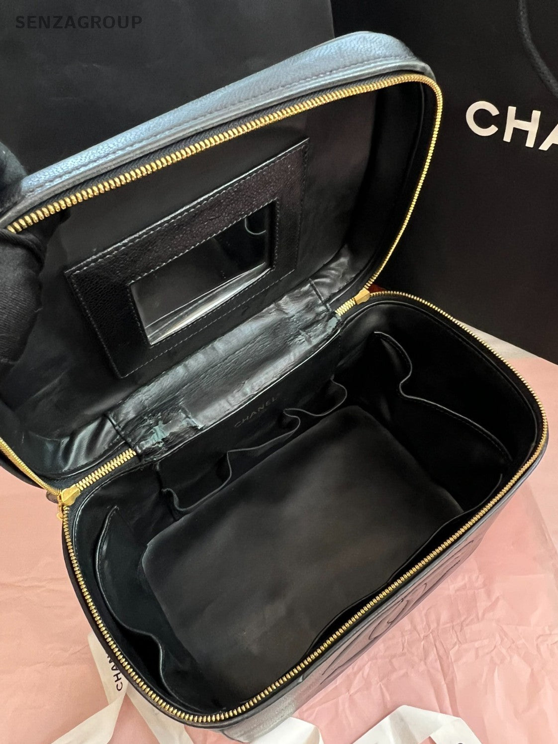 Chanel Vintage GM Calfskin Top Handle Bag Black Gold Used Women Classic