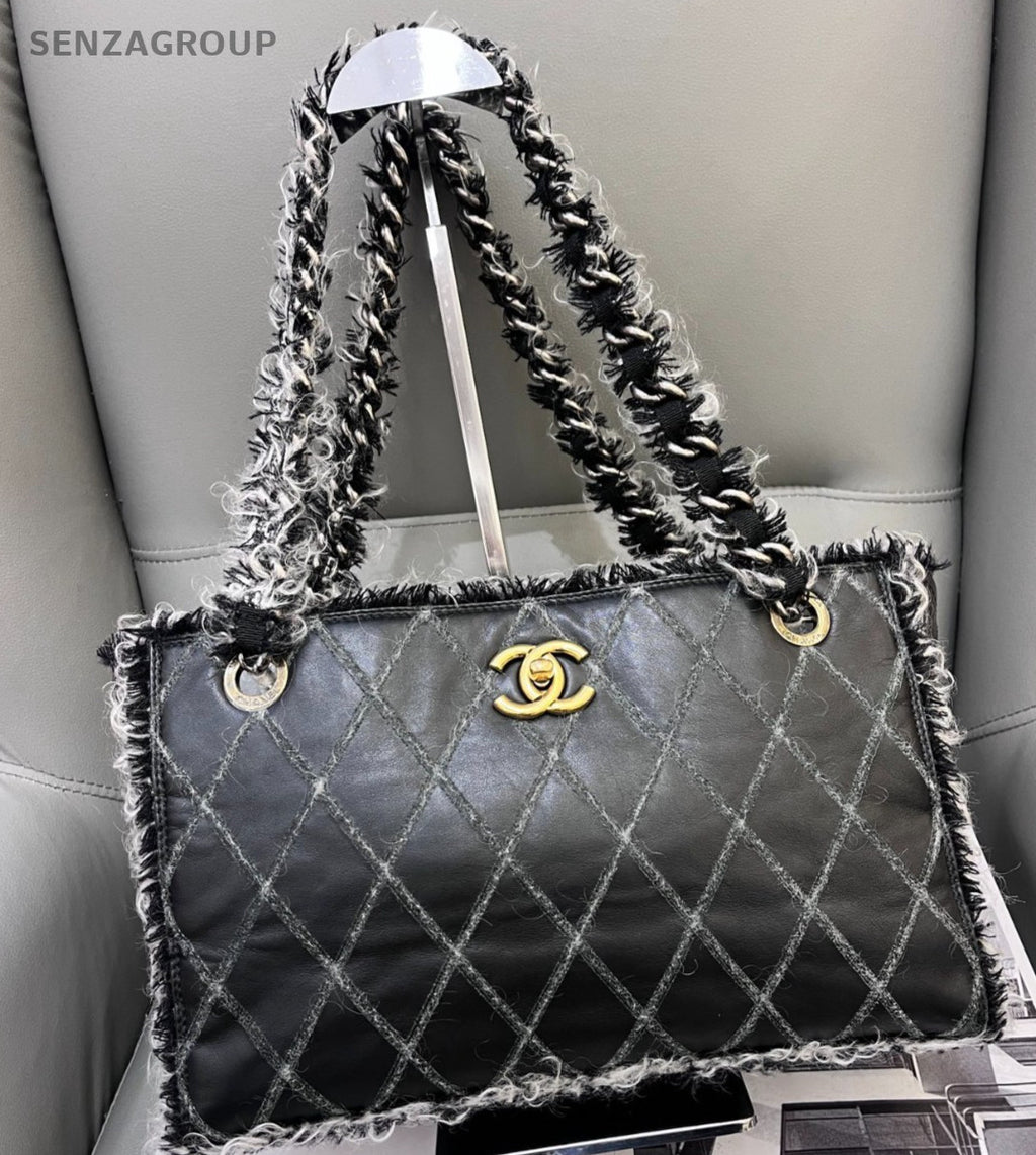 Chanel Matelasse Chain Wool Fabric Shoulder Tote Bag Black White Women Classic