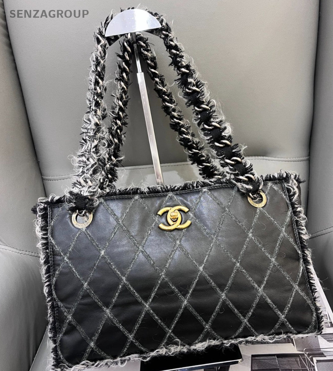 Chanel Matelasse Chain Wool Fabric Shoulder Tote Bag Black White Women Classic
