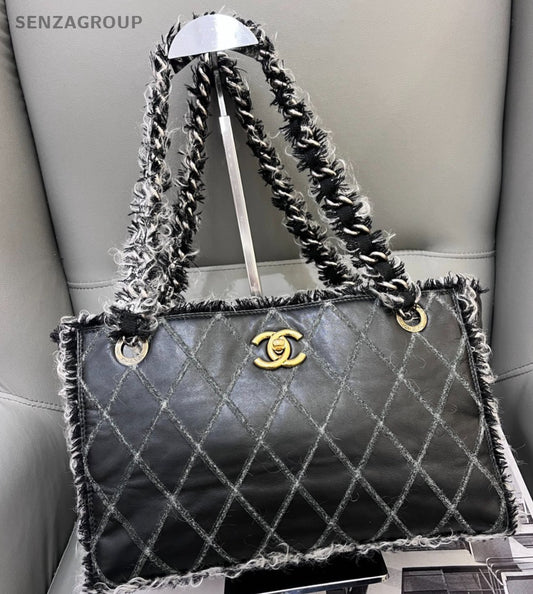 Chanel Matelasse Chain Wool Fabric Shoulder Tote Bag Black White Women Classic