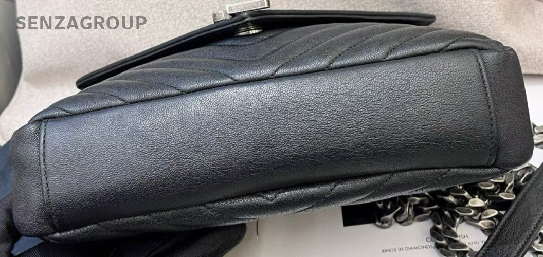 Saint Laurent College Calfskin Chain Shoulder Bag Black Silver Women Classic