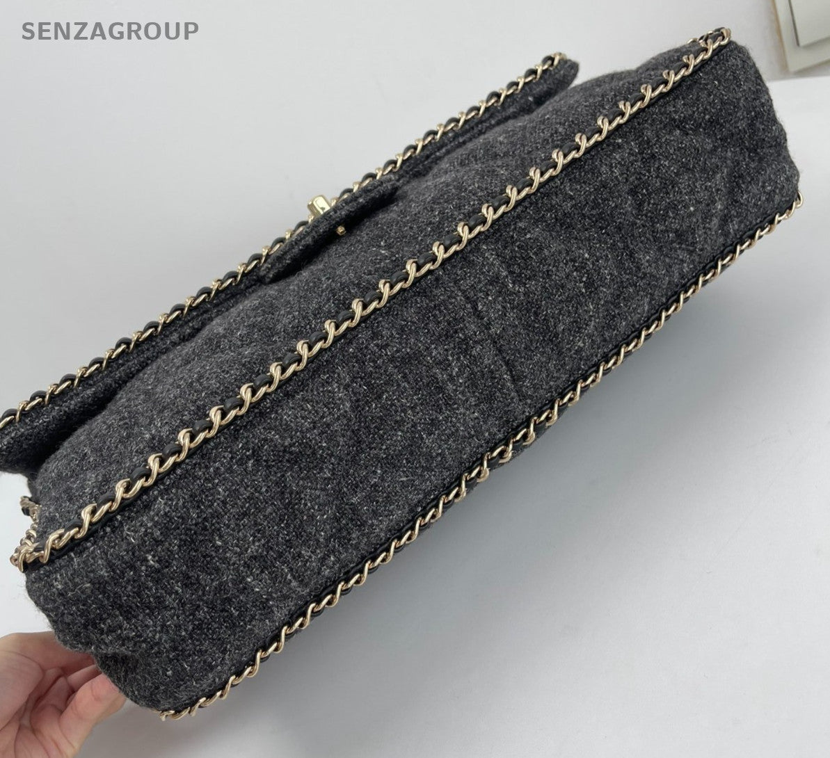 Chanel Tweed Trim Classic Flap Chain GM Shoulder Bag Gray Gold Used Women