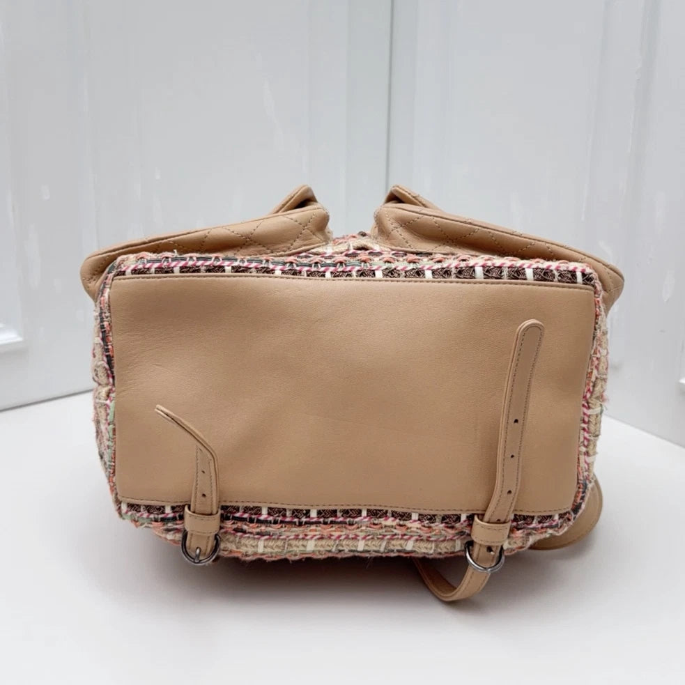 Chanel Tweed Knitting Drawstring Bucket Backpack Handbag Pink Silver Hardware
