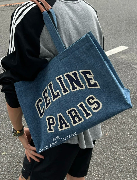 Celine American-style logo Tote Denim Shoulder Handbag