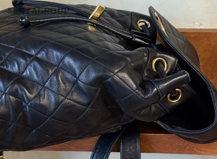 Chanel Vintage Lambskin Backpack Black Gold Unisex Adults Classic
