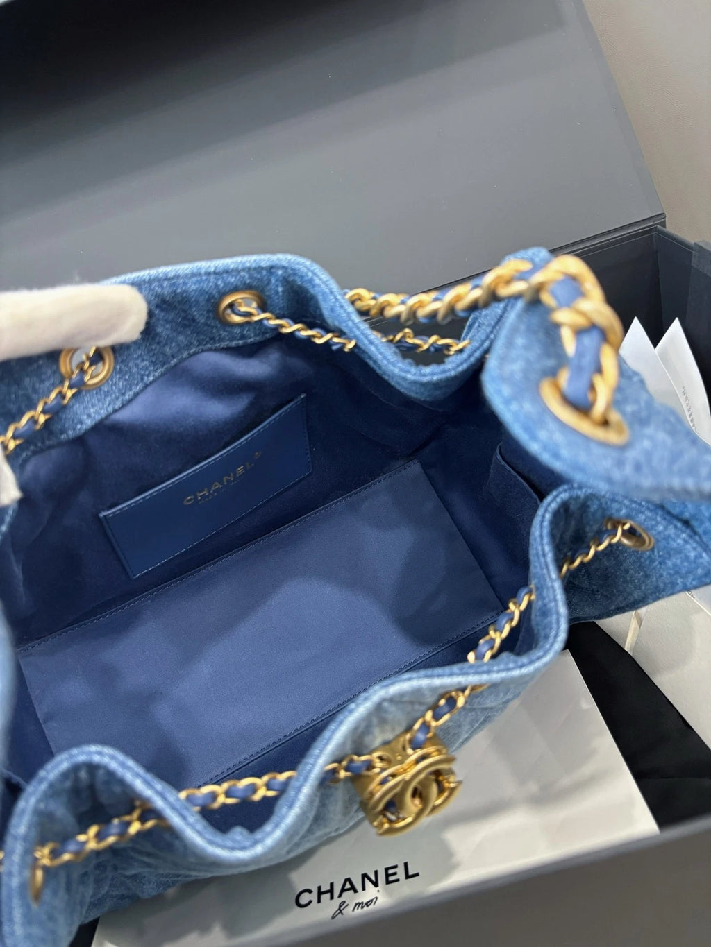 Chanel 25 Small Denim Hobo Shoulder Bag Casual Crossbody Blue Gold