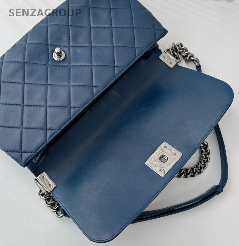 CHANEL Leboy Calfskin Chain Shoulder bag Crossbody Women Blue Silver