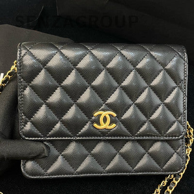 Chanel WOC Quilted Calfskin Double Chain Shoulder Crossbody Bag Black Gold