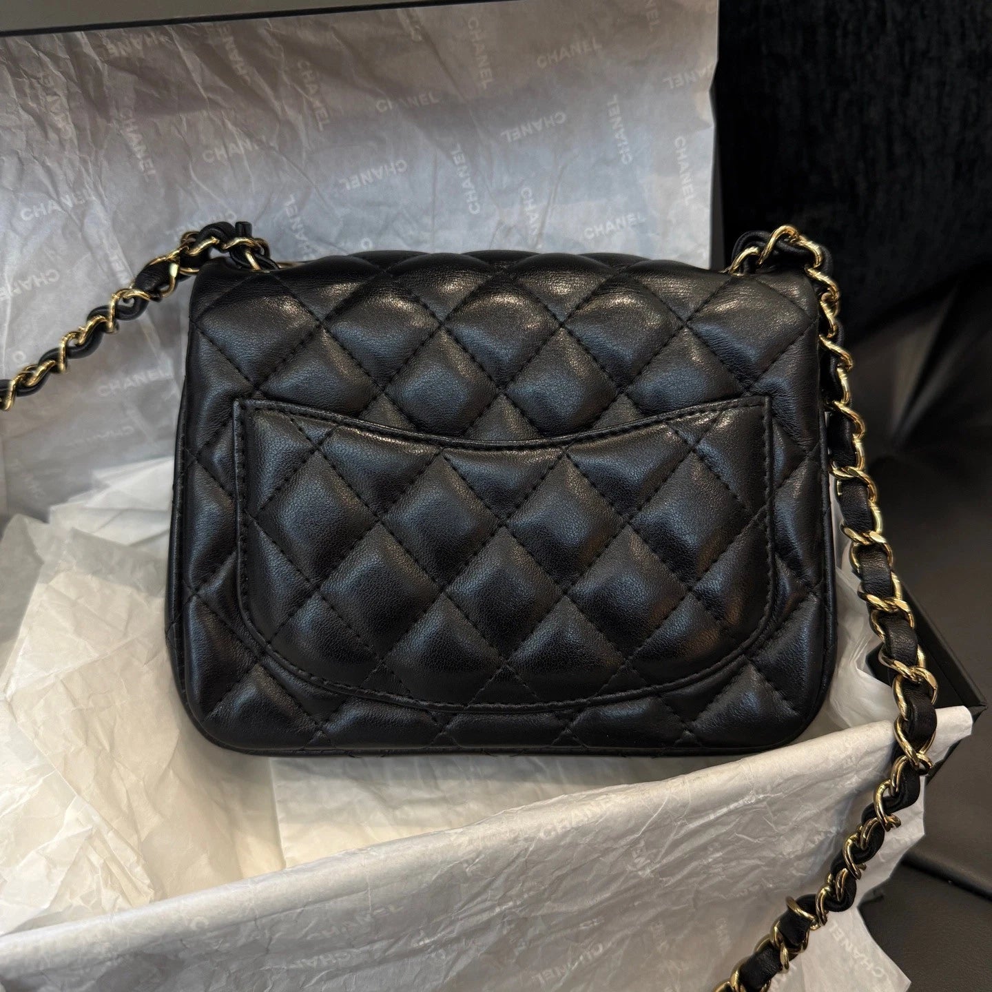 Chanel Classic Flap Lambskin Chain Shoulder Crossbody Black Gold Women Diamond