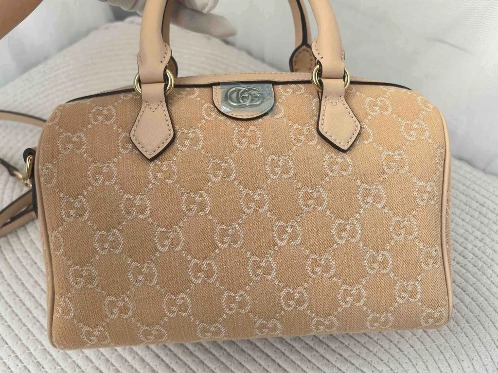 Excellent Gucci Boston Monogram Top Handle Crossbody Bag Beige Silver Hardware
