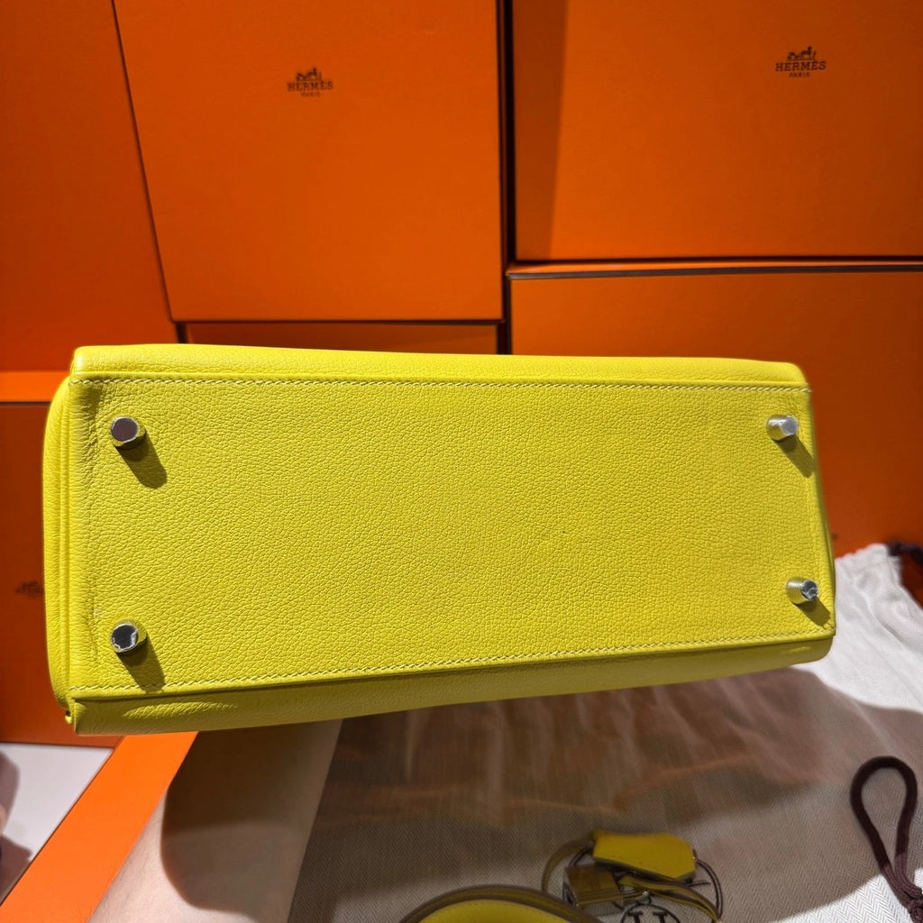 Hermes Kelly28 Evercolor Leather Yellow Top Handle Bag For Women