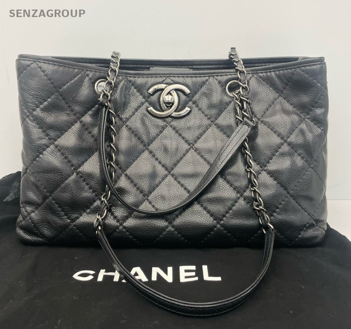 Chanel Calfskin Diamond Chain Tote Shoulder Bag Black Silver Women Classic