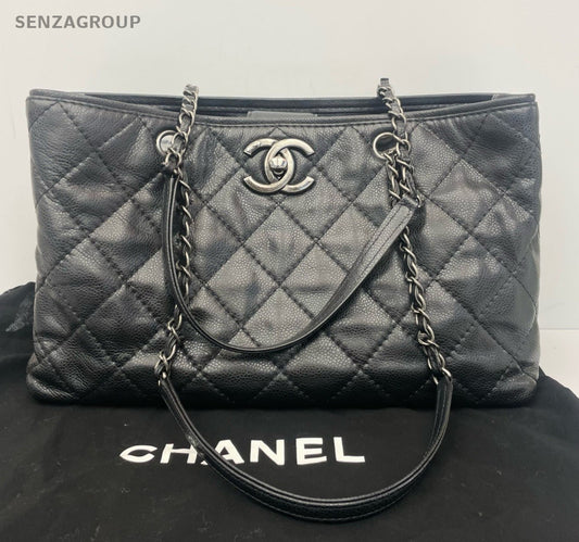 Chanel Calfskin Diamond Chain Tote Shoulder Bag Black Silver Women Classic