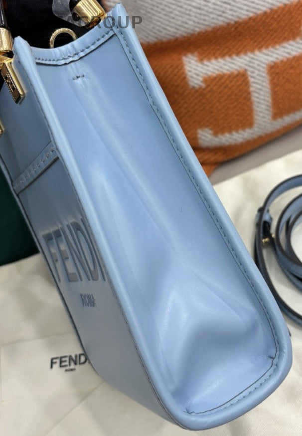 Fendi Sunshine Mini Tote Calfskin Crossbody Blue Gold Women Classic