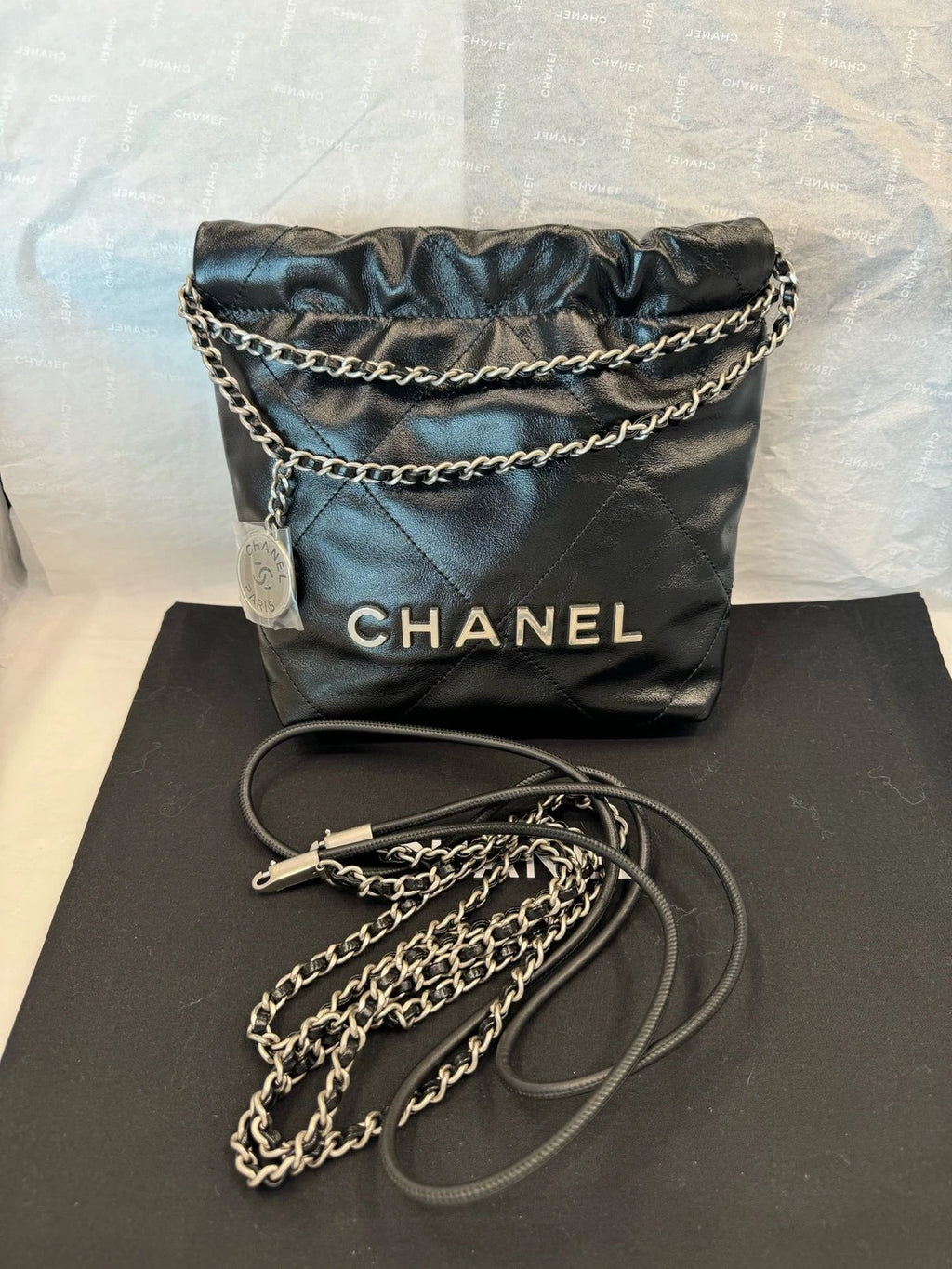 CHANEL 22Bag Mini Black Silver Calfskin Shoulder Bag Women