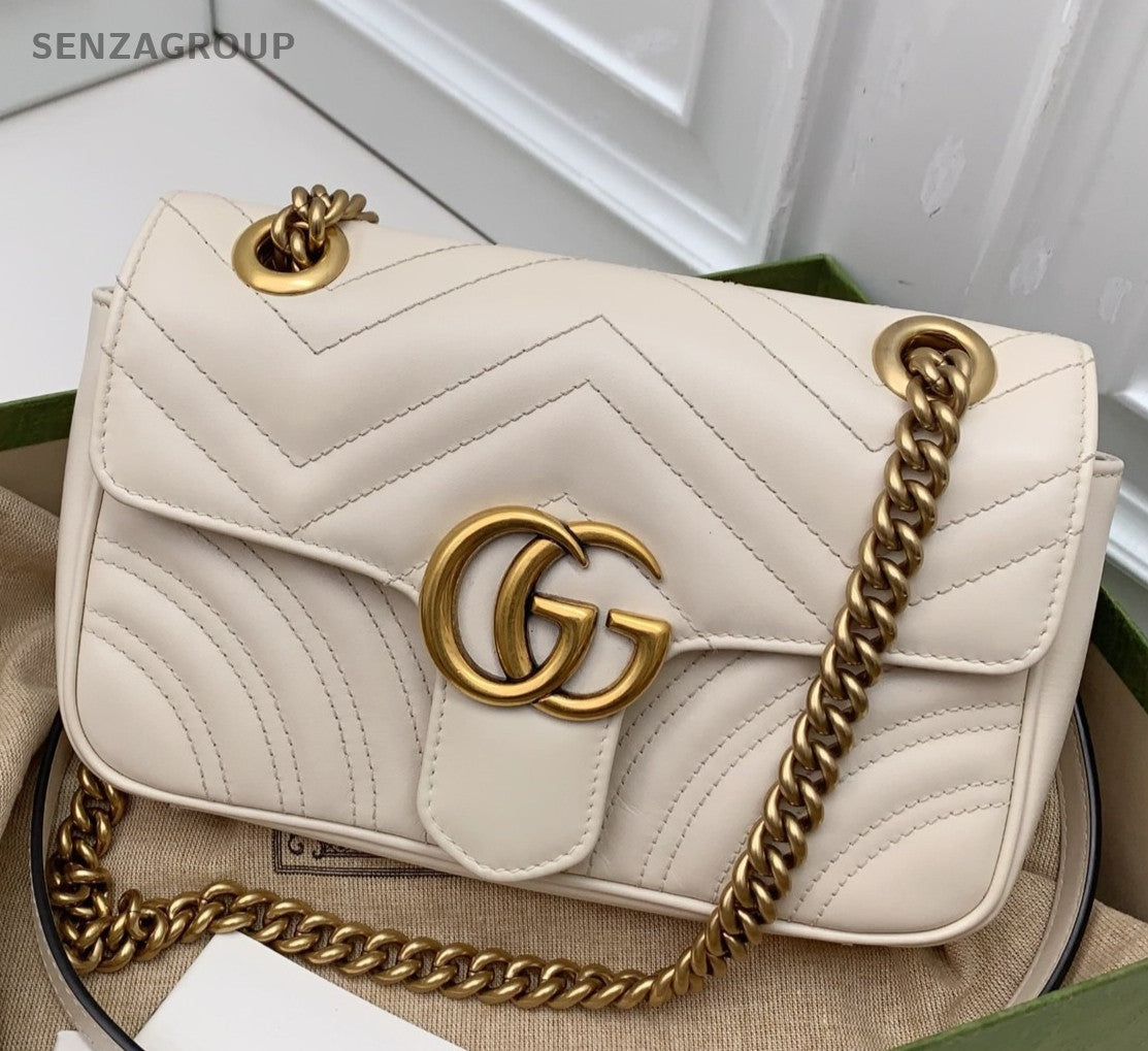 Gucci Marmont Chain Shoulder Bag Crossbody White Gold Women Classic