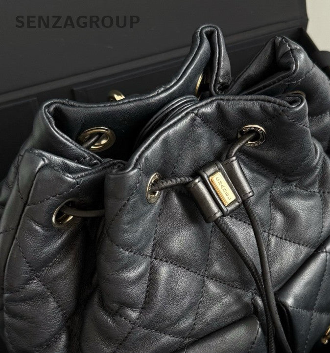 Chanel 23B Diamond Chain Drawstring Backpack Black Gold Women Classic Fashion