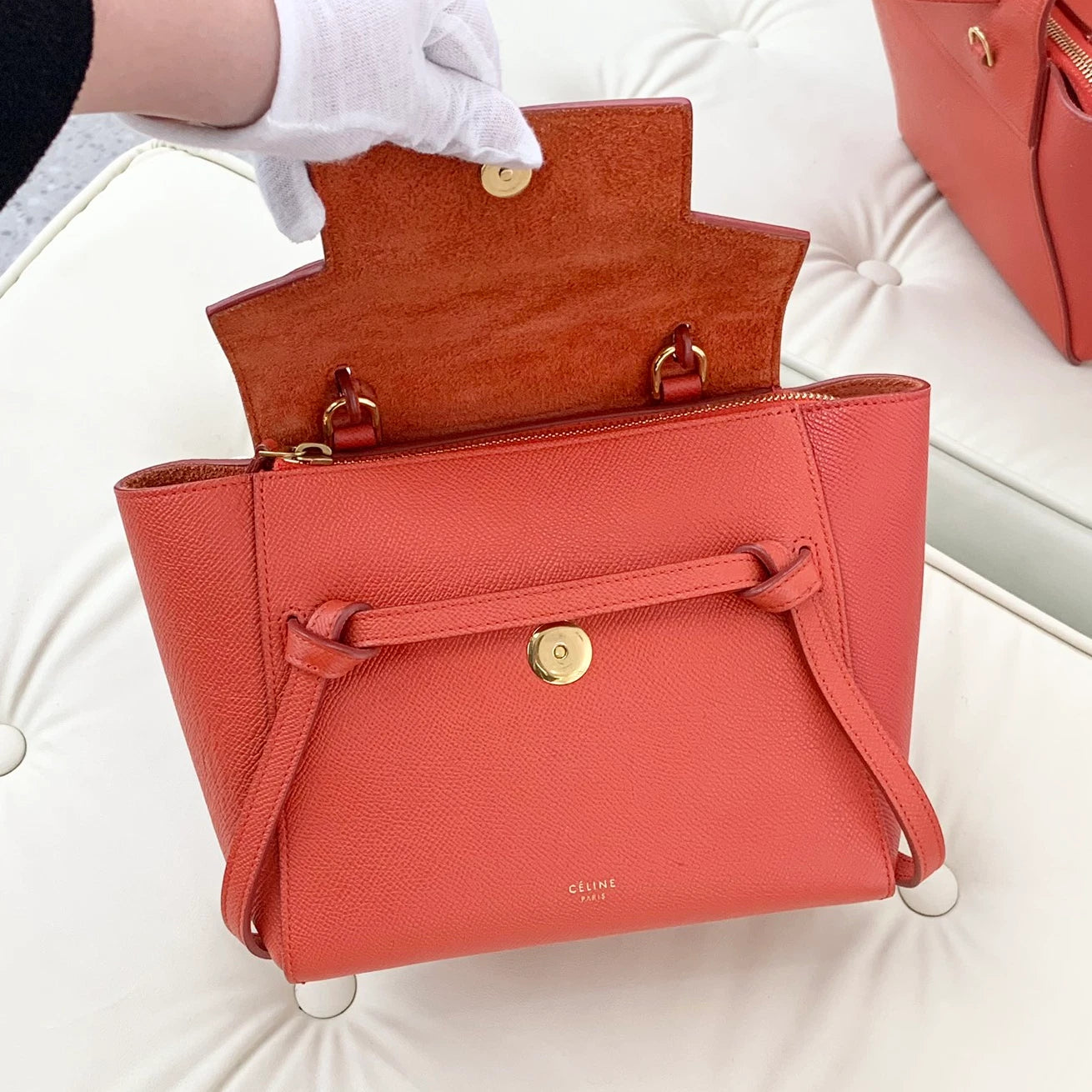 Celine Belt Mini Top Handle Bag Shoulder Crossbody Bag Red Women S