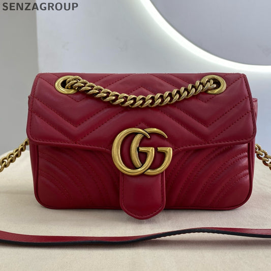 Gucci Marmont 22 Chain Shoulder Crossbody Bag Red Gold Hardware